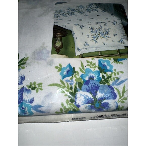 VTG NIP Our Own Twin Flat Sheet Blue Floral No Iron Muslin NOS Retro JC Penny - Picture 6 of 7